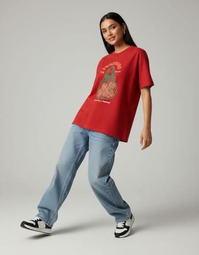 Image of Oversized Cotton T-Shirt for Women Half Sleeve Pomodoro Printed Tee - Breathable Loose Fit Asthetic Casual Wear for College and Daily Ou Outfits, Streetwear