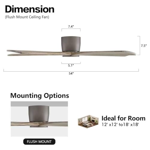 WINGBO 54" Flush Mount DC Ceiling Fans without Lights, 5 Carved Solid Wood Blades, 6-Speed Reversible DC Motor, Low Profile Hugger Ceiling Fan No Light for Living Room Bedroom Patio, Graphite and Gray by WINGBO - Used condition - Image 4