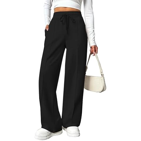 PINSPARK Wide Leg Sweatpants for Women's High-Waist Loose Fitting Pants with Slanted Hand Pockets Spring Fall Black L Cover