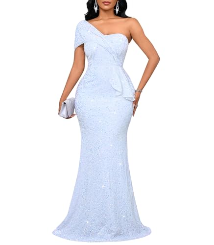 Image of Cololura Women Sexy Sequin One Shoulder Mermaid Formal Party Cocktail Gowns Bodycon Evening Maxi Dress