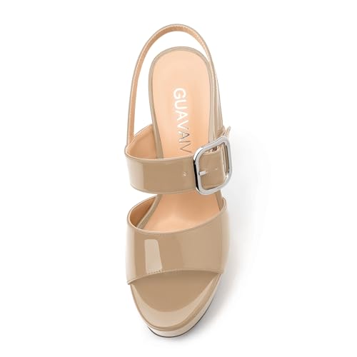 Women's Sandals, Round Open Toe Platform Sandals, Buckle Ankle Strap Heeled Sandal, Fashion Solid Patent High Heel Sandals for Party Wedding Dress Working3
