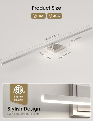 Image of VOLISUN Modern Bathroom Vanity Light 55 inch, Rotatable, 36W Dimmable 5CCT Led Bathroom Light Fixture Over Mirror, Brushed Nickel Bar Vanity Light for Bathroom Mirror Cabinets-ETL Certificated
