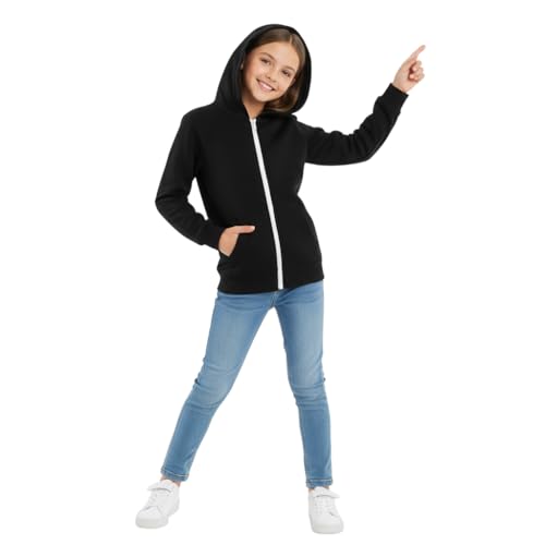 HUBIBUBI Solid Full-Zip Hoodie – Soft Fleece Kids Sweatshirt Jacket for Boys & Girls – Essential Hooded Outerwear with Pockets for Comfort & School (UK, Age, 9 Years, 10 Years, Regular, Black)
