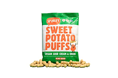 Spudsy Sweet Potato Puffs | Vegan, Gluten Free Snacks | Plant-Based, Allergen-free, Non-GMO, Superfood Snack | Vegan Cheesy Cheddar + Vegan Sour Cream & Onion (2 Pack, 4 oz Bags)
