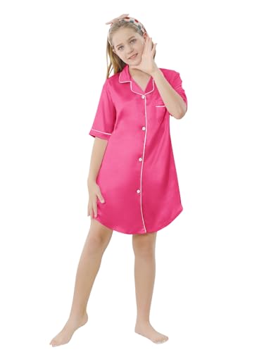 Schbbbta Girls Satin Nightgown Pajama Dress，Short Sleeve Button Down Silky Sleepwear, Rose Red，11-12 Years, 1602