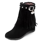 MIOKE Women's Bohemian Fringe Mid Wedge Ankle Boots Suede Round Toe Zipper Booties Exotic Tassel Short Boot