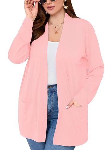 Image of AusLook Plus Size Lightweight Cardigans for Women Open Front Pockets Jacket | 1X-5X,Soft Stretch,Long Sleeve,Longline Coverage,Dress Jeans Layer,Work Travel Style,Spring Fall Wear