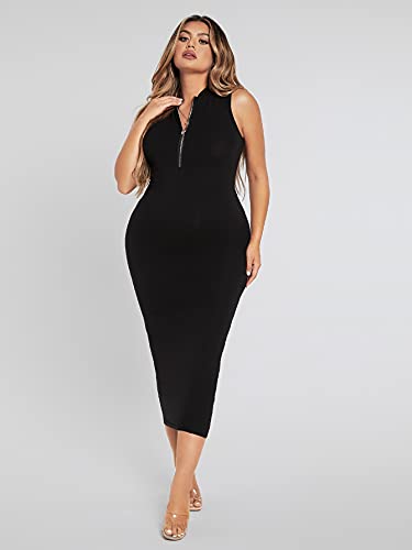 Verdusa Women's Zip Up Front Mock Neck Sleeveless Long Pencil Bodycon Dress Black M #TOP2