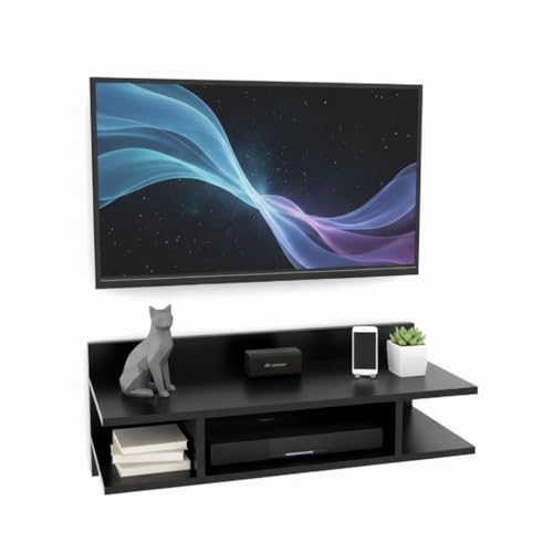 Image of Engineered Wood Set Top Box Stand | Wall Mounted TV Unit Shelf for Router, WiFi, DVD, Gaming Console | Sturdy & Space Saving TV Accessory Organizer (Brown, 50 x 20 x 15 cm) (Black)