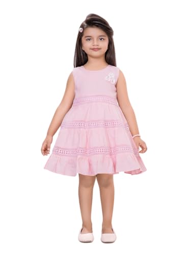 Image of Soft Cotton Lace Work Knee Length Fit & Flare Dress for Kids & Girls, Flower Embellished Frock for Casual & Special Occasion