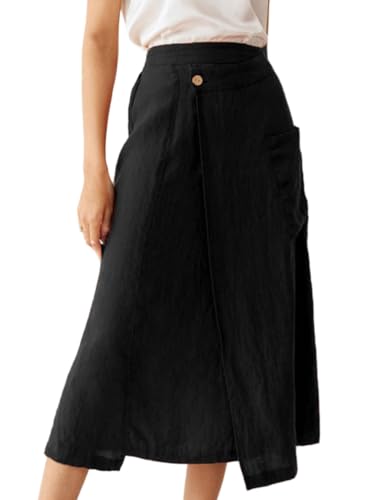 Kinghua Linen Skirts for Women Summer Casual Wrap A Line High Waisted Midi Skirt with Pockets