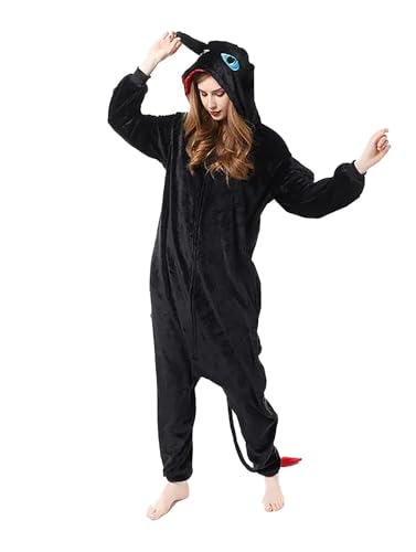 Varuotu Animal Dragon Onesie Costume Adult Christmas Dragon Pajamas Flannel Costume Halloween Cosplay Sleepwear Black