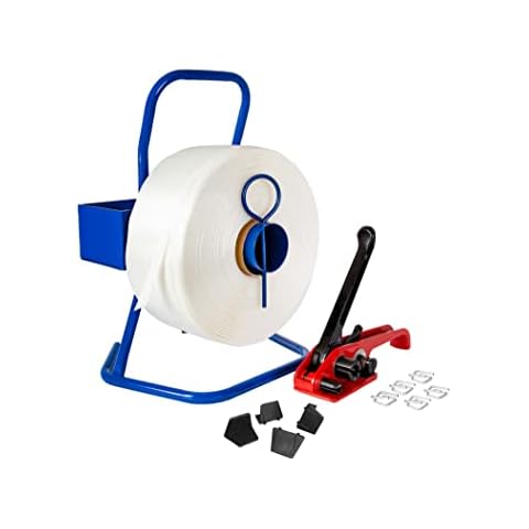 Umreifungsset 16 mm Complet mit Abroller - Spanner - 500 Klemmen und 850mtr Polyesterband und 100 Kantenschutzecken Cover