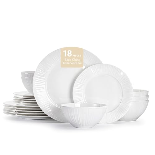 KINGSTONE Bone China Dinnerware Set, 18-Piece White Lightweight Porcelain with