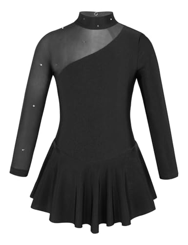 Riismen Girls Figure Ice Skating Dress Long Sleeve Rhinestone Ballet Leotard Tutu Skirts Lyrical Dancewear Black 11-12 Years