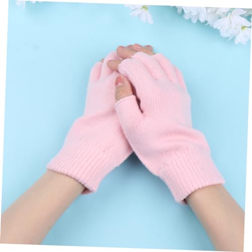 Mitones de punto de medio dedo cálidos de invierno para mujer rosa 3