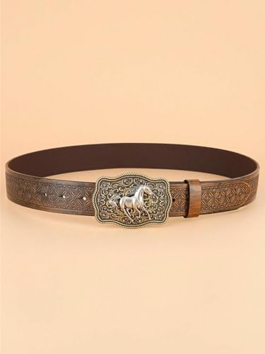 Mens Western Cowboy Leather Belts, Genuine Leather belts, Horse Pattern, Floral Engraved Buckle Belt2