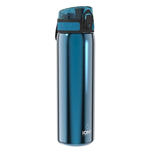 Ion8 Lightweight Steel Water Bottle 600ml/20oz Non-Insulated Leak Proof Easy to Open Secure Lock Dishwasher Safe Flip Cover Fits Cup Holders Carry Handle Metal Water Bottle Metallic Blue