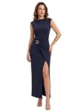 Xiaoliny Vestido Mujer Elegante Manga Corta Cuello Barco Vestidos Largo con Abertura Verano Casual Vestido Maxi Ajustado con Fruncidos Vestidos de Fiesta para Bodas Cóctel Ceremonia Eventos Formales