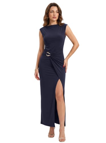 Image of Xiaoliny Maxi Dresses for Women UK Boat Neck Cap Sleeve Bodycon Dress Summer Elegant Slim Fit Long Dresses with Gold Buckle Ruched Waist Ladies Sexy Slit Evening Gown for Party Cocktail Wedding Guest