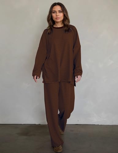 Image of MISSACTIVER Women's 2 Piece Striped Lounge Set Long Sleeve Oversized T-Shirt Wide Leg Pants Matching Pajamas Set
