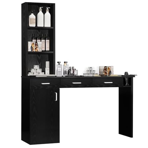 4ever2buy Barber Station for Hair Stylist, Salon Wall Station with Barber Cabinet, Hair Stations Equipment Hair Dryer Holder, Drawers, Wall Mount Barber Beauty Station, Mirror not Included, Black