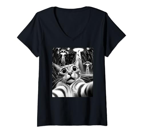Damen Katze UFO Invasion | Lustige Katze Meme Retro Alien Cat UFO Selfie T-Shirt mit V-Ausschnitt