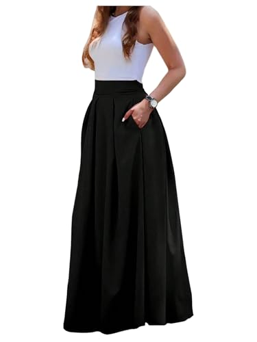 GORGLITTER Women's High Waist Maxi Skirt Pleated A Line Long Skirts with Pockets Dressy Office Work Business Skirts 2025 Black Small
