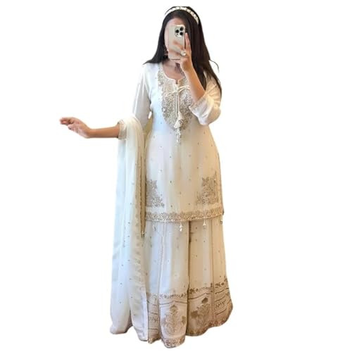 Image of Shishkala Women's White Embroidered Georgette Sharara Set with Dupatta | Party Kurta Pant | Festive Wedding Ethnic Dress for Women Elegant dress