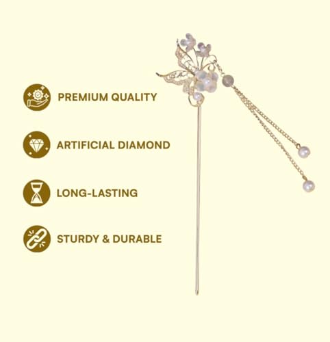 Image of INHEAVEN 1 Piece Ancient Style Pearl Metal Hair Stick Crystal Rhinestones Hair Sticks Fashion For Women Girls (16 CM)