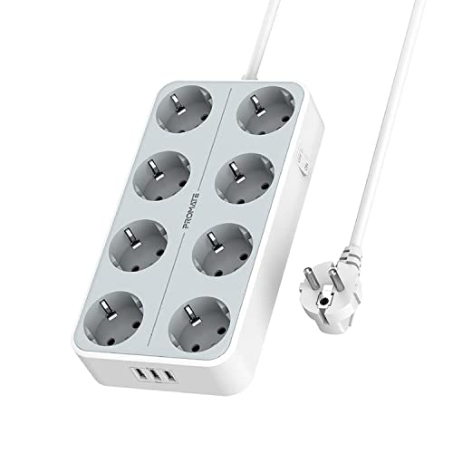 Promate, Regleta Premium 11-en-1, 8 Tomas de Corriente AC de 4000W, 3 puertos USB Intellicharge, Cable de 2 Metros, iPhone 12/PC/Tablets/TV, PowerCord8EU-2M Cover