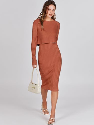 ANRABESS Womens 2 Piece Outfits Sweater Dresses Set Midi Skirt Sets Long Sleeve Crop Top Bodycon Ribbed Knit Dress 2025 Fall3