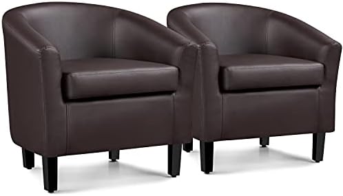 Yaheetech Accent Chairs, PU Leather Barrel Chairs Modern Side Chairs Comfy Club Chairs with Soft Padded for Bedroom/Living Room/Reading Room, Espresso, Set of 2