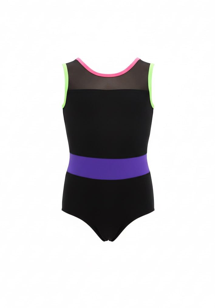 Justaucorps de Gymnastique Fille avec Ceinture Colorée | Gymnastique Rythmique, Ballet, Danse et Acrobatie | Stretch 4 Directions, Tissu Stretch Premium, Noir, taille 122