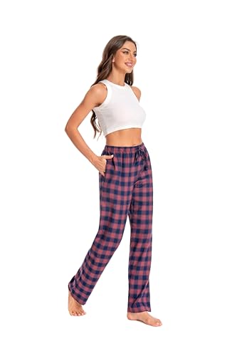 Women's Plaid 100% Cotton Loungewear Pyjama Pants Flannel/Poplin Nightwaer Trousers With Pockets.3