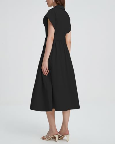 Women's Belted Shirt Midi Dress Casual Short Wing Sleeve Button Down Lapel V Neck Dress3