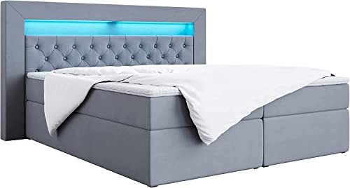 MKS MEBLE Boxspringbett - Doppelbett mit Multipocket-Matratze und Topper - Polsterbett mit Bettkasten - Stauraumbett - Gold 6 180x200 - H3 Grau Cover
