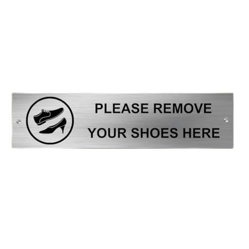Image of Remove Shoe Sign Board | Stainless Steel Sign Plate for Office, Home, Temple, School, Clinic & Hotel | Wall Mount | Rustproof Metal | Easy to Read | 12 x 3 Inch