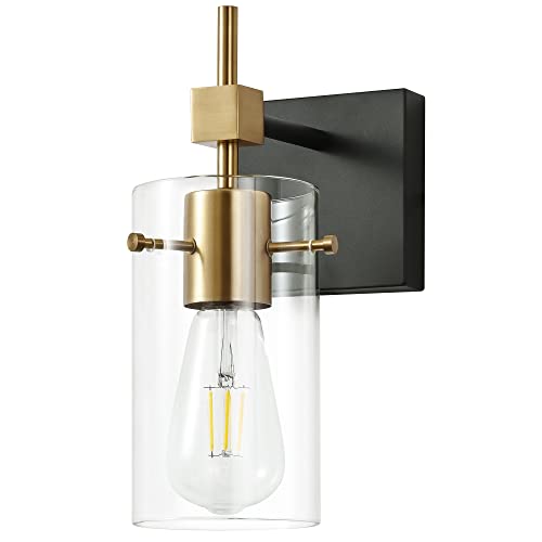 Image of SOLFART 1 Light Vintage Vanity Light Bathroom Light Fixture Over Mirror for Bath Glass Shade Wall Light Black and Brass Lighting Fixture