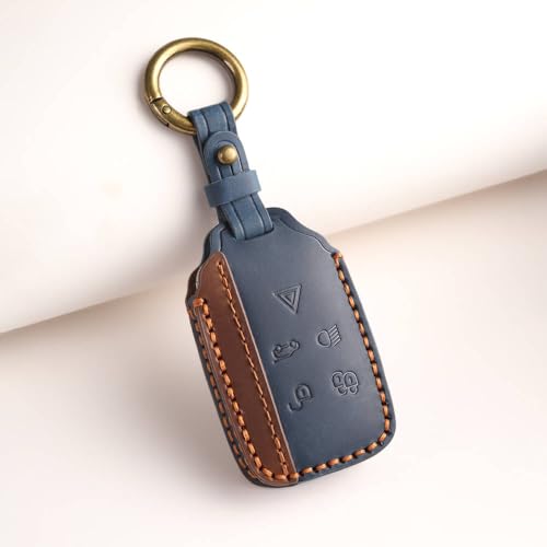 Image of Keyzone Dual Leather Key Cover for Range Rover: Sport, Evoque, Velar, Discovery, Defender (2018, 2019, 2020, 2021) 5 Button Smart Key (Blue-Brown)
