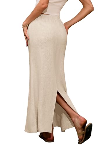 ELLEVEN Linen Flared Maxi Skirt with Back Slit - Elastic Waist Drawstring Long Flowy Ankle-Length Skirt - Image 4