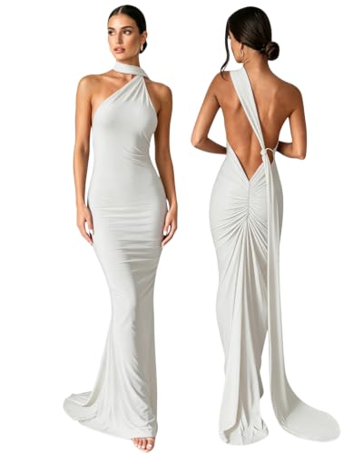 Image of Suillty Women's Sexy Oblique Shoulder Backless Maxi Dress Ruched Back Strap Sleeveless Party Club Long Dresses Bodycon