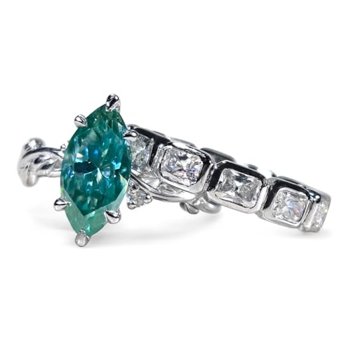 Marquise Cut Teal Blue Green Moissanite Engagement Ring Set with Vintage Inspired Solitaire and Square Diamond Eternity Band – Unique Bridal Ring Set for Women