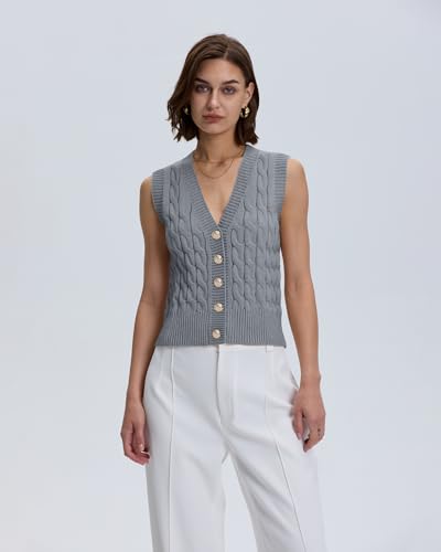 Locachy Women's V Neck Sleeveless Cable Knit Sweater Vest Soft 2025 Summer Button Front Cardigan Tank Tops3
