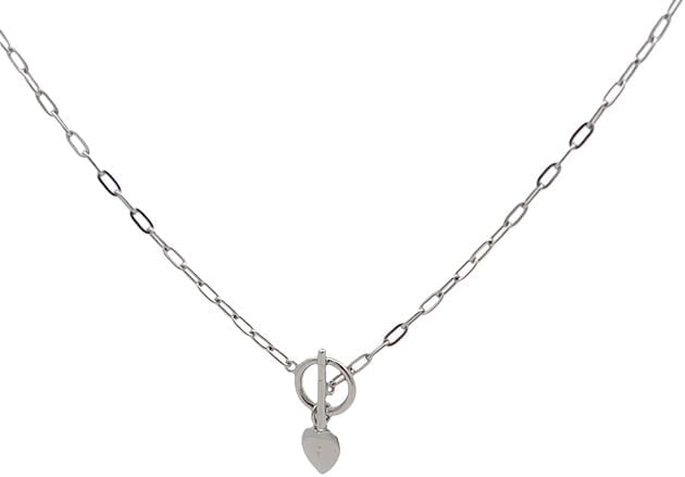 Sterling Silver Toggle Paper Clip Chain Necklace with Heart Charm – Adjustable 16-18" Rhodium Plated Dainty Everyday Necklace with Lobster Claw