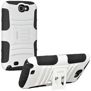 Amzer AMZ95157 Silicone PolyCarbonate Dual Layer Hybrid Case with Kickstand for Samsung Galaxy Note 2 II N7100 - 1 Pack - Retail Packaging - Black/White