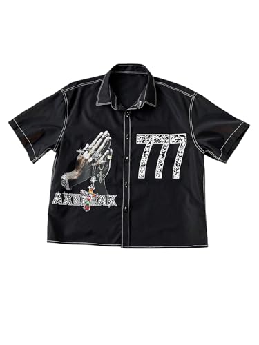GORGLITTER Men's Cropped T Shirt Crop Tops Graphic Y2k Button Up Short Sleeve Collar Shirt