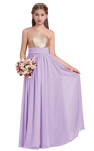 One Shoulder Junior Sequined Bridesmaid Dresses Long Flower Girl Dress for Wedding Party Gowns Chiffon BE025