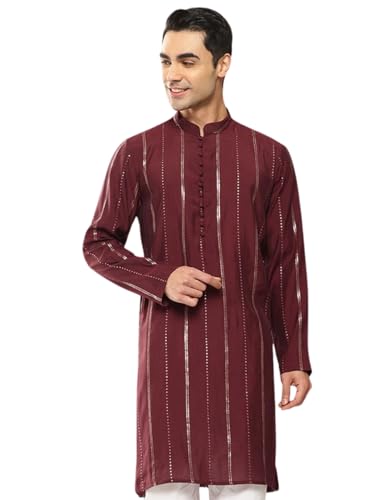 Image of See Designs Men's Long Sleeve Side Slit Chanderi Silk Sequins Mandarin Collar Kurta