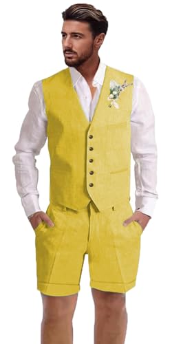 Mens Linen Suit 2 Piece Short Suits for Men Casual Summer Beach Wedding Suit Linen Vest Shorts Set